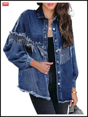 Oversized Fringe Denim Jacket Sparkly Tassel Western Coat